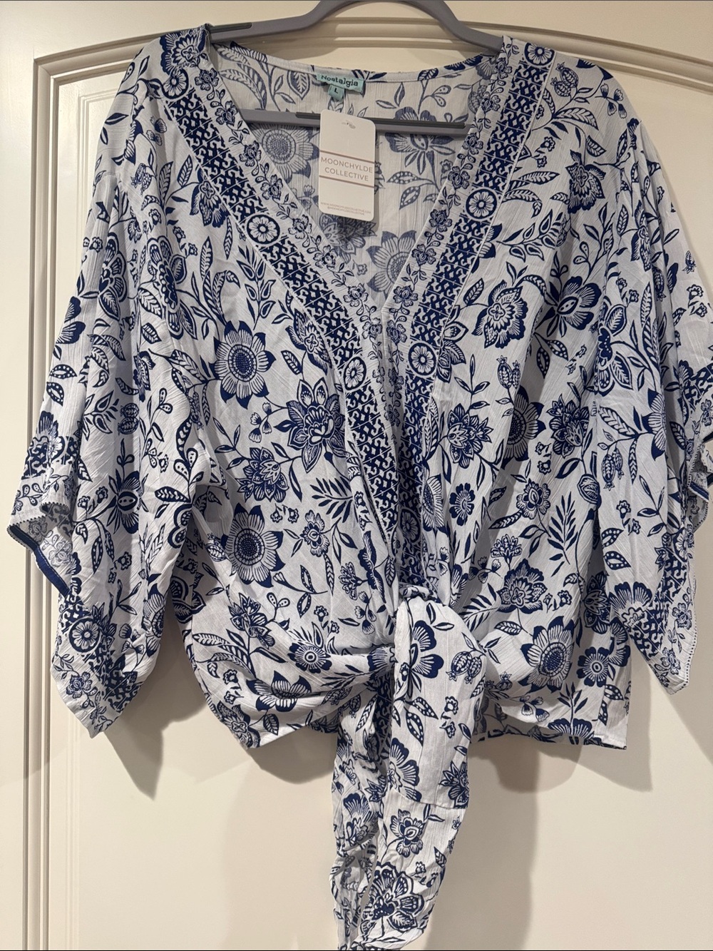 Nostalgia White and Navy Floral Tie-Front Tunic